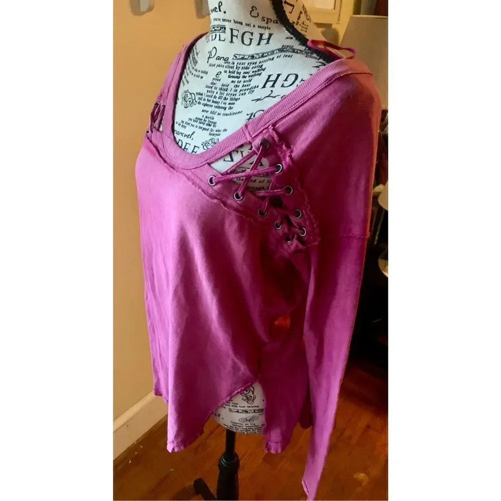 Free People Dark Pink Distressed Tee
